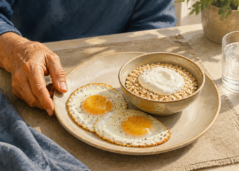 Persona mayor frente a un desayuno con dos huevos, avena con yogur y un vaso de agua, en una mesa iluminada por luz natural.
