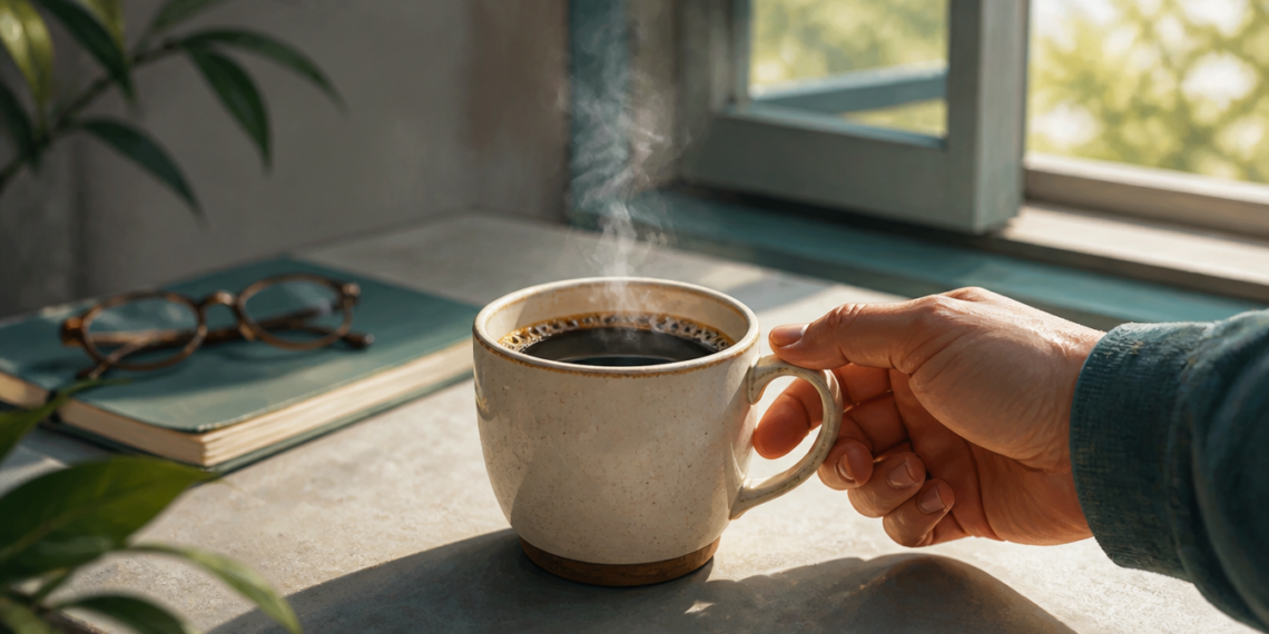 Mano sosteniendo una taza de café caliente junto a una ventana iluminada por la mañana, con unas gafas y un cuaderno sobre la mesa.