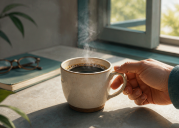 Mano sosteniendo una taza de café caliente junto a una ventana iluminada por la mañana, con unas gafas y un cuaderno sobre la mesa.