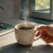 Mano sosteniendo una taza de café caliente junto a una ventana iluminada por la mañana, con unas gafas y un cuaderno sobre la mesa.