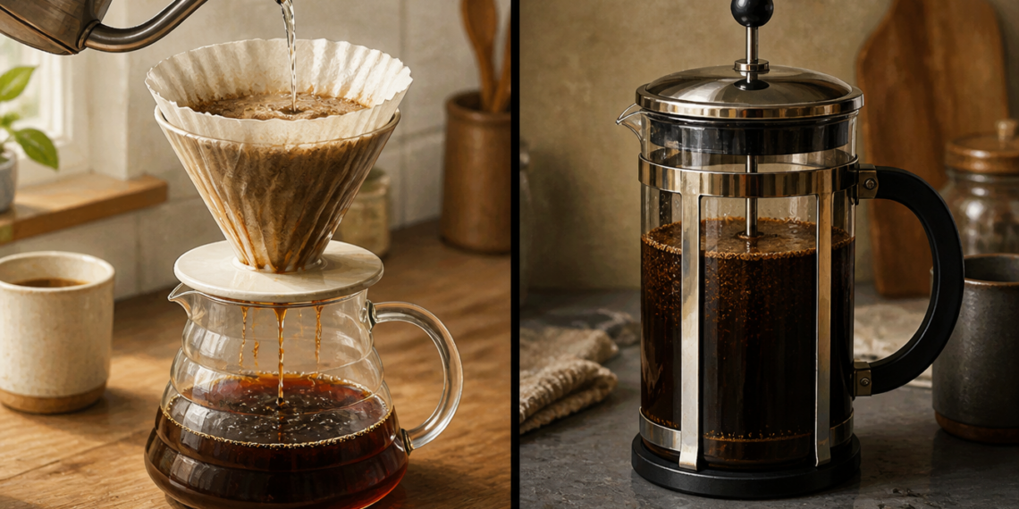 Comparación entre café preparado con filtro de papel y café en prensa francesa sin filtrar, mostrados lado a lado en una cocina.