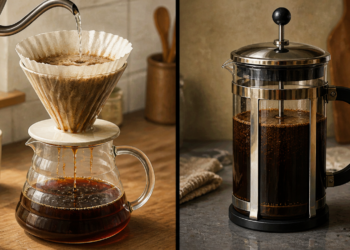 Comparación entre café preparado con filtro de papel y café en prensa francesa sin filtrar, mostrados lado a lado en una cocina.