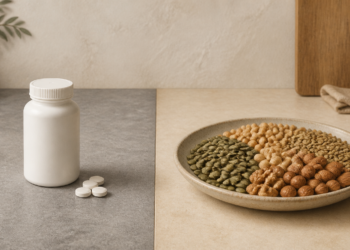 Comparación entre un frasco blanco con varias tabletas y un plato con semillas, frutos secos y legumbres sobre una encimera.