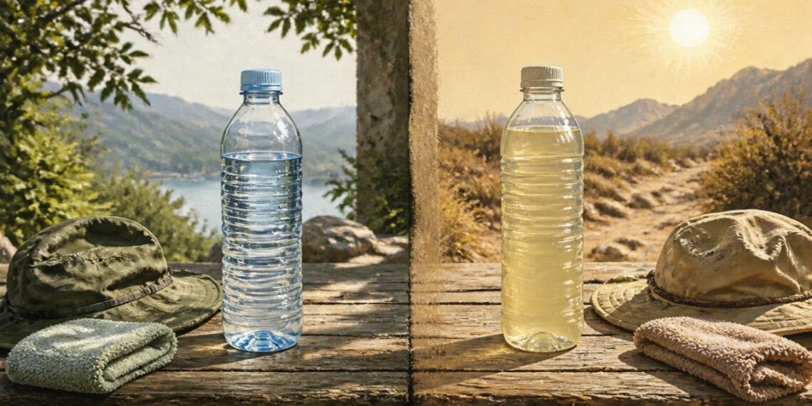 Imagen comparativa con dos botellas sobre una mesa de madera: a la izquierda, una botella de agua junto a un sombrero y una toalla en un entorno natural; a la derecha, una botella con bebida clara amarillenta bajo un sol intenso, también acompañada de sombrero y toalla.