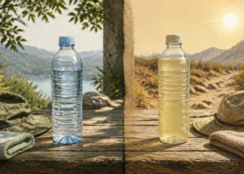 Imagen comparativa con dos botellas sobre una mesa de madera: a la izquierda, una botella de agua junto a un sombrero y una toalla en un entorno natural; a la derecha, una botella con bebida clara amarillenta bajo un sol intenso, también acompañada de sombrero y toalla.