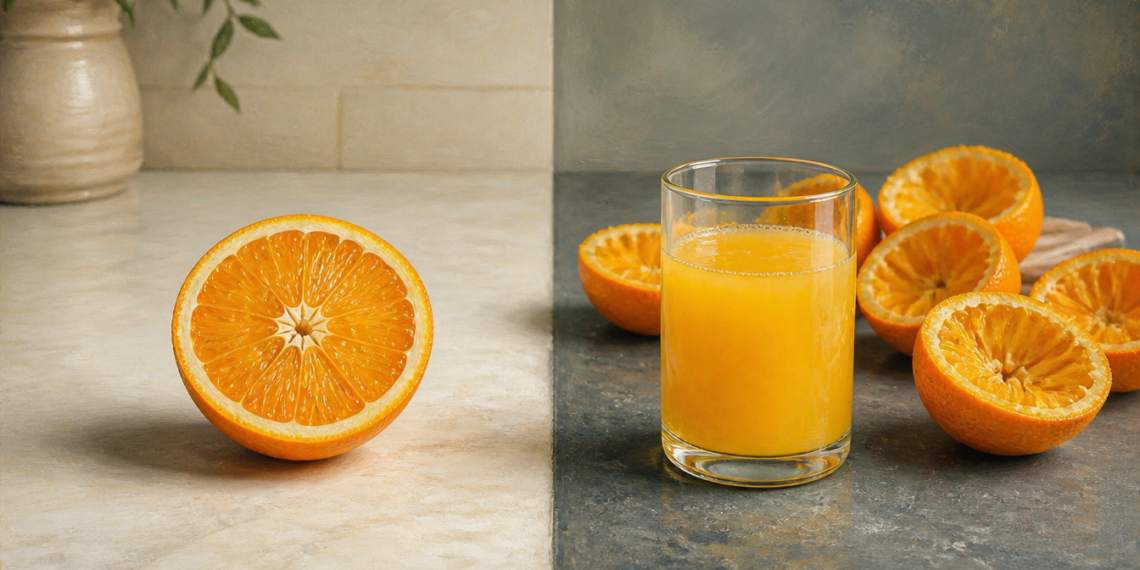 Imagen comparativa con media naranja entera a la izquierda y, a la derecha, un vaso de jugo de naranja rodeado de varias naranjas cortadas.