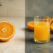 Imagen comparativa con media naranja entera a la izquierda y, a la derecha, un vaso de jugo de naranja rodeado de varias naranjas cortadas.