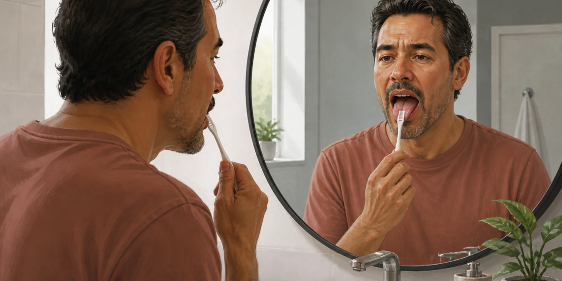 Hombre frente al espejo del baño con la boca abierta mientras limpia la lengua con un cepillo de dientes, durante una rutina de higiene bucal.