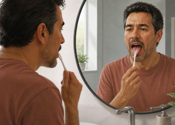 Hombre frente al espejo del baño con la boca abierta mientras limpia la lengua con un cepillo de dientes, durante una rutina de higiene bucal.