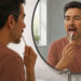 Hombre frente al espejo del baño con la boca abierta mientras limpia la lengua con un cepillo de dientes, durante una rutina de higiene bucal.
