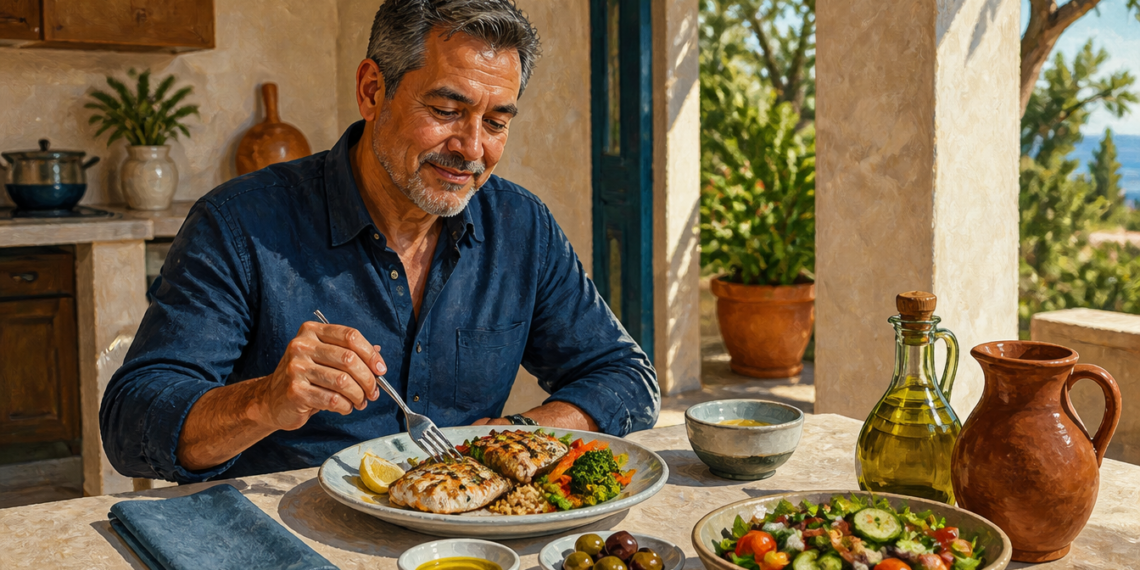 Hombre adulto sentado a la mesa comiendo pescado con arroz y verduras, acompañado de ensalada, aceitunas y una botella de aceite de oliva en un ambiente luminoso.