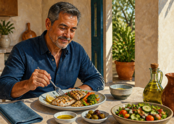 Hombre adulto sentado a la mesa comiendo pescado con arroz y verduras, acompañado de ensalada, aceitunas y una botella de aceite de oliva en un ambiente luminoso.