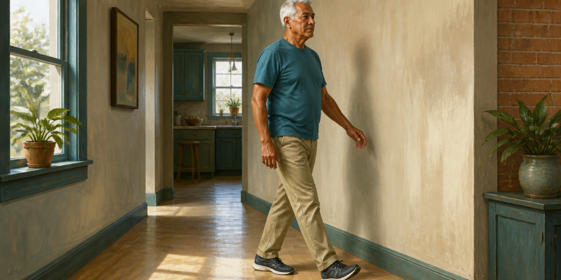 Hombre mayor caminando en línea por un pasillo interior, con un pie delante del otro y los brazos relajados, mientras viste ropa cómoda y zapatillas deportivas.