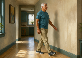 Hombre mayor caminando en línea por un pasillo interior, con un pie delante del otro y los brazos relajados, mientras viste ropa cómoda y zapatillas deportivas.