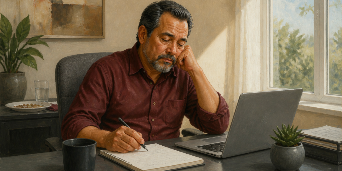 Hombre de mediana edad sentado frente a un ordenador portátil, apoyando la cabeza en una mano mientras escribe en un cuaderno, con expresión de cansancio durante una jornada de trabajo.