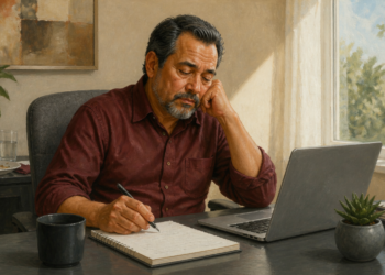 Hombre de mediana edad sentado frente a un ordenador portátil, apoyando la cabeza en una mano mientras escribe en un cuaderno, con expresión de cansancio durante una jornada de trabajo.