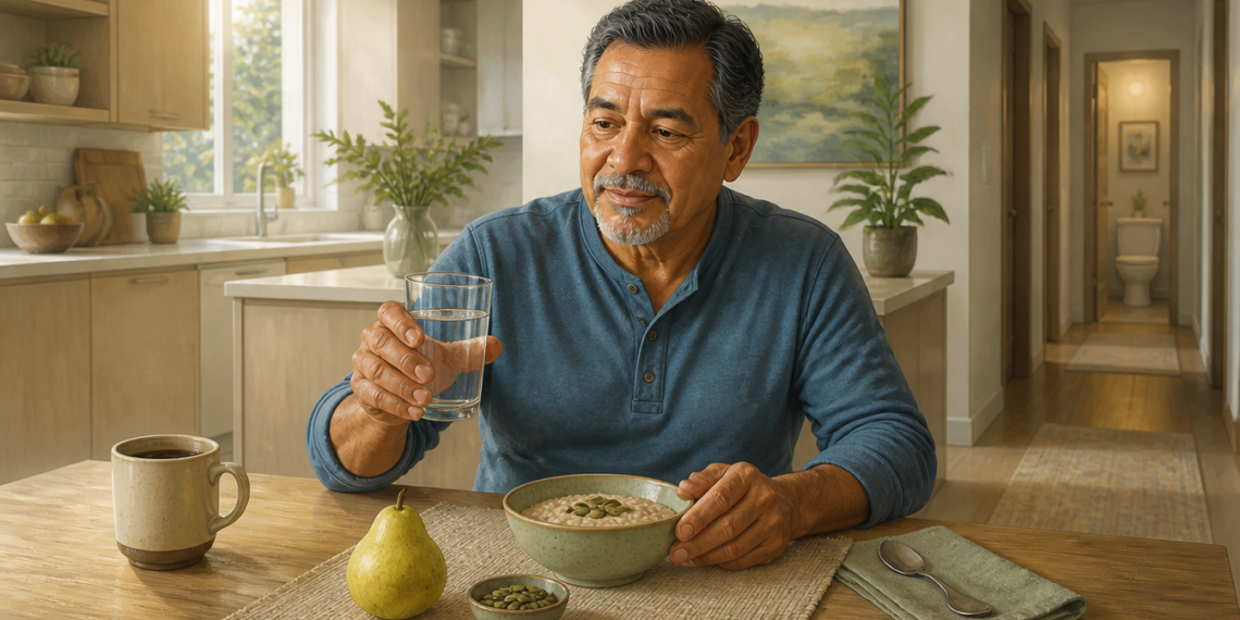 Hombre mayor sentado a la mesa del desayuno, sosteniendo un vaso de agua junto a un cuenco de avena, una pera, semillas y una taza, en una escena relacionada con alimentos para cuidar la vejiga.