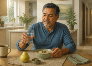 Hombre mayor sentado a la mesa del desayuno, sosteniendo un vaso de agua junto a un cuenco de avena, una pera, semillas y una taza, en una escena relacionada con alimentos para cuidar la vejiga.