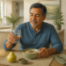 Hombre mayor sentado a la mesa del desayuno, sosteniendo un vaso de agua junto a un cuenco de avena, una pera, semillas y una taza, en una escena relacionada con alimentos para cuidar la vejiga.