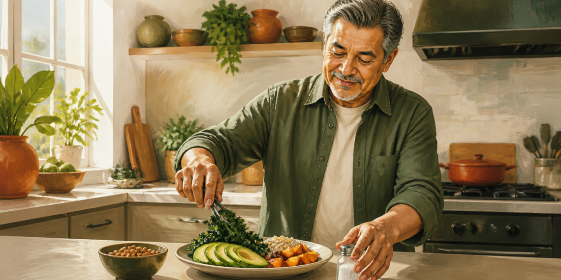Hombre adulto preparando un plato con aguacate, verduras de hoja verde, cereales y otros alimentos mientras sostiene un salero en una cocina luminosa.