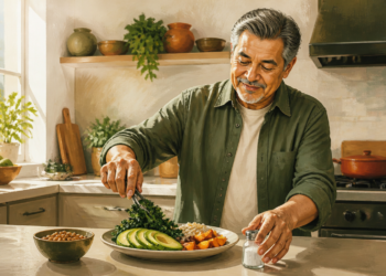 Hombre adulto preparando un plato con aguacate, verduras de hoja verde, cereales y otros alimentos mientras sostiene un salero en una cocina luminosa.
