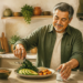 Hombre adulto preparando un plato con aguacate, verduras de hoja verde, cereales y otros alimentos mientras sostiene un salero en una cocina luminosa.