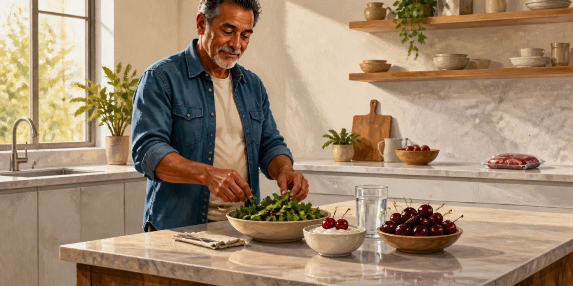 Hombre mayor preparando una ensalada en una cocina luminosa, junto a un vaso de agua y varios alimentos frescos sobre la encimera, en una escena relacionada con la alimentación para bajar el ácido úrico de forma natural.