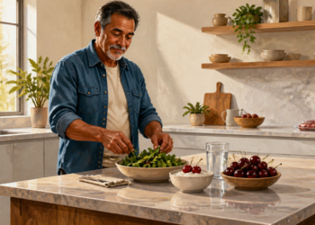 Hombre mayor preparando una ensalada en una cocina luminosa, junto a un vaso de agua y varios alimentos frescos sobre la encimera, en una escena relacionada con la alimentación para bajar el ácido úrico de forma natural.