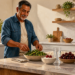 Hombre mayor preparando una ensalada en una cocina luminosa, junto a un vaso de agua y varios alimentos frescos sobre la encimera, en una escena relacionada con la alimentación para bajar el ácido úrico de forma natural.