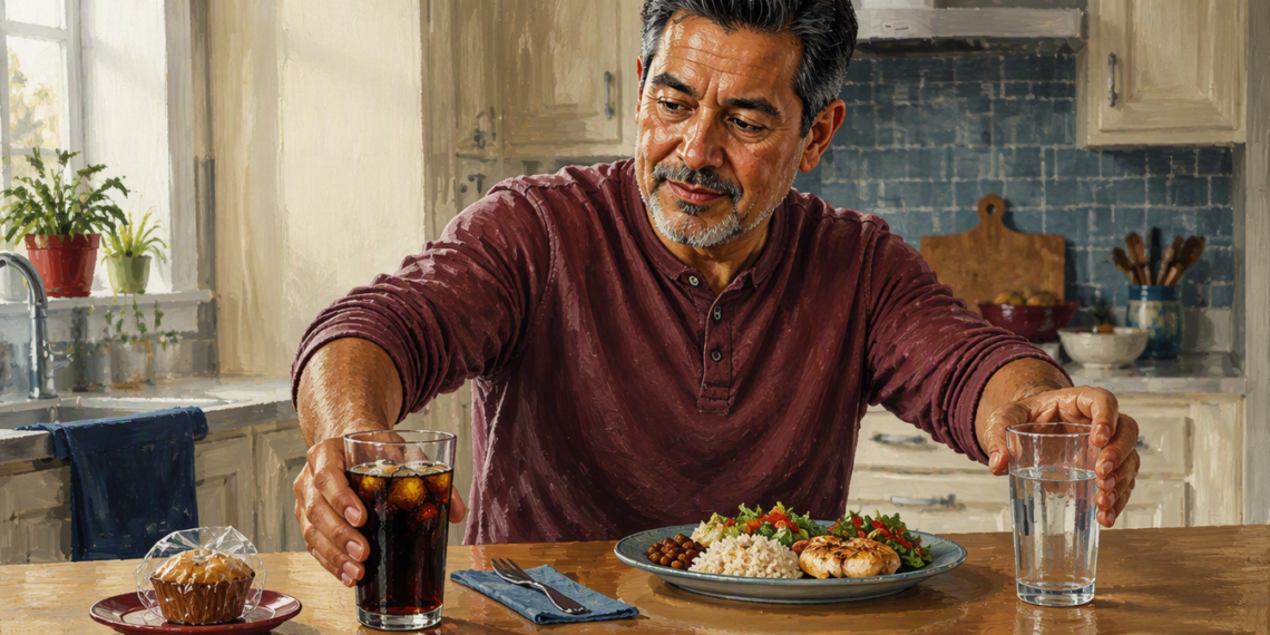 Hombre adulto sentado en una cocina, con una mano sobre un vaso de bebida oscura y la otra sobre un vaso de agua, frente a un plato de comida y un pastelillo.