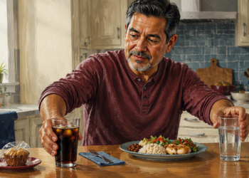 Hombre adulto sentado en una cocina, con una mano sobre un vaso de bebida oscura y la otra sobre un vaso de agua, frente a un plato de comida y un pastelillo.