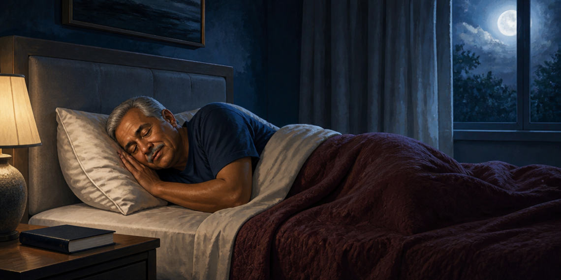 Hombre adulto durmiendo de lado en una cama durante la noche, con una lámpara encendida y la luna visible a través de la ventana.