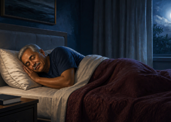 Hombre adulto durmiendo de lado en una cama durante la noche, con una lámpara encendida y la luna visible a través de la ventana.