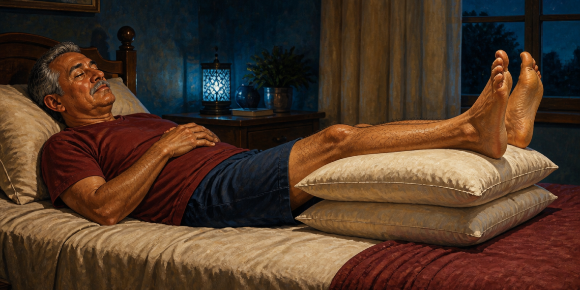 Hombre adulto recostado en la cama con las piernas elevadas sobre almohadas, en una escena nocturna relacionada con piernas cansadas e hinchadas.