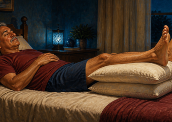 Hombre adulto recostado en la cama con las piernas elevadas sobre almohadas, en una escena nocturna relacionada con piernas cansadas e hinchadas.
