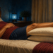Hombre adulto recostado en la cama con las piernas elevadas sobre almohadas, en una escena nocturna relacionada con piernas cansadas e hinchadas.