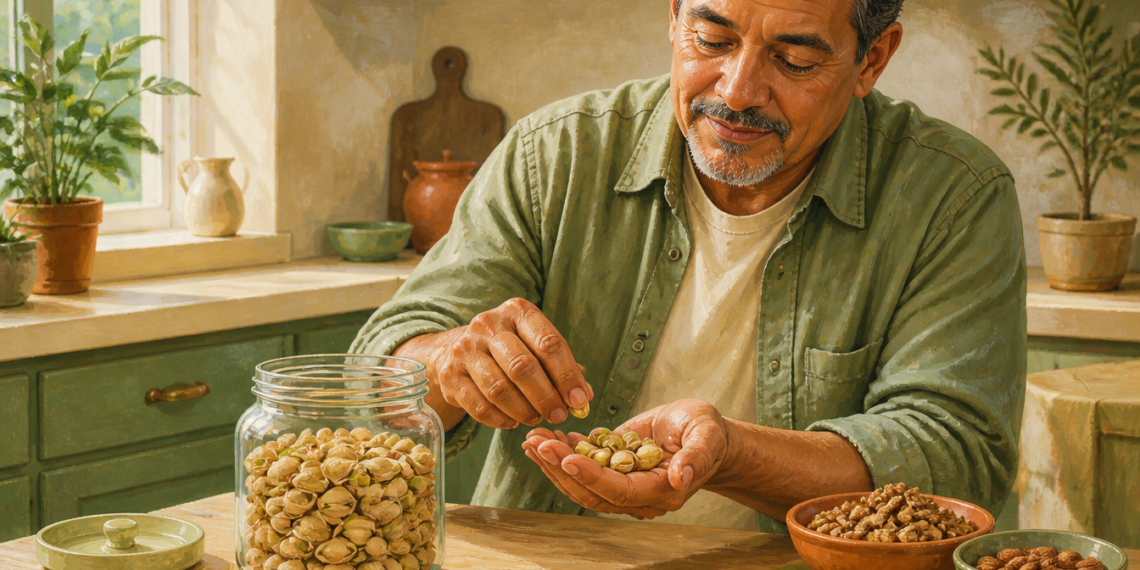 Hombre adulto sosteniendo una porción de pistachos en la mano junto a recipientes con distintos frutos secos en una cocina luminosa.