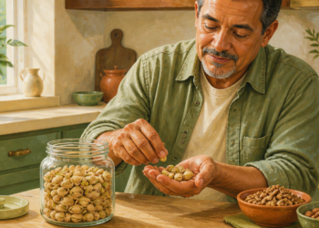 Hombre adulto sosteniendo una porción de pistachos en la mano junto a recipientes con distintos frutos secos en una cocina luminosa.