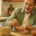 Hombre adulto sosteniendo una porción de pistachos en la mano junto a recipientes con distintos frutos secos en una cocina luminosa.