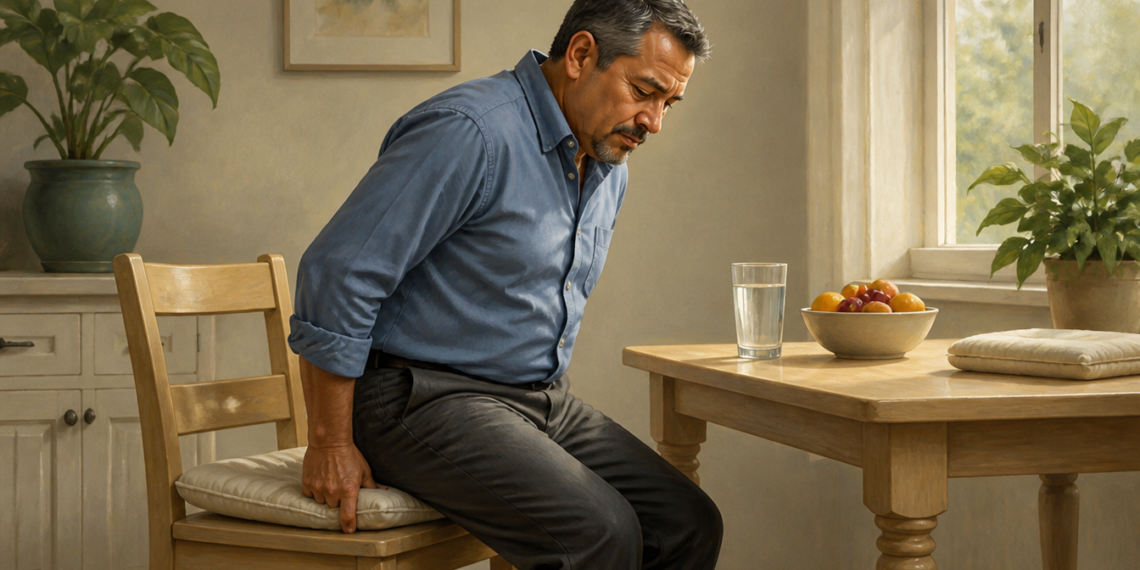 Hombre de mediana edad sentado con gesto de incomodidad se inclina hacia un lado y presiona el cojín de la silla, junto a una mesa con agua y frutas.