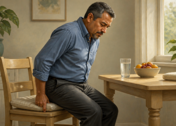 Hombre de mediana edad sentado con gesto de incomodidad se inclina hacia un lado y presiona el cojín de la silla, junto a una mesa con agua y frutas.