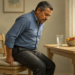 Hombre de mediana edad sentado con gesto de incomodidad se inclina hacia un lado y presiona el cojín de la silla, junto a una mesa con agua y frutas.