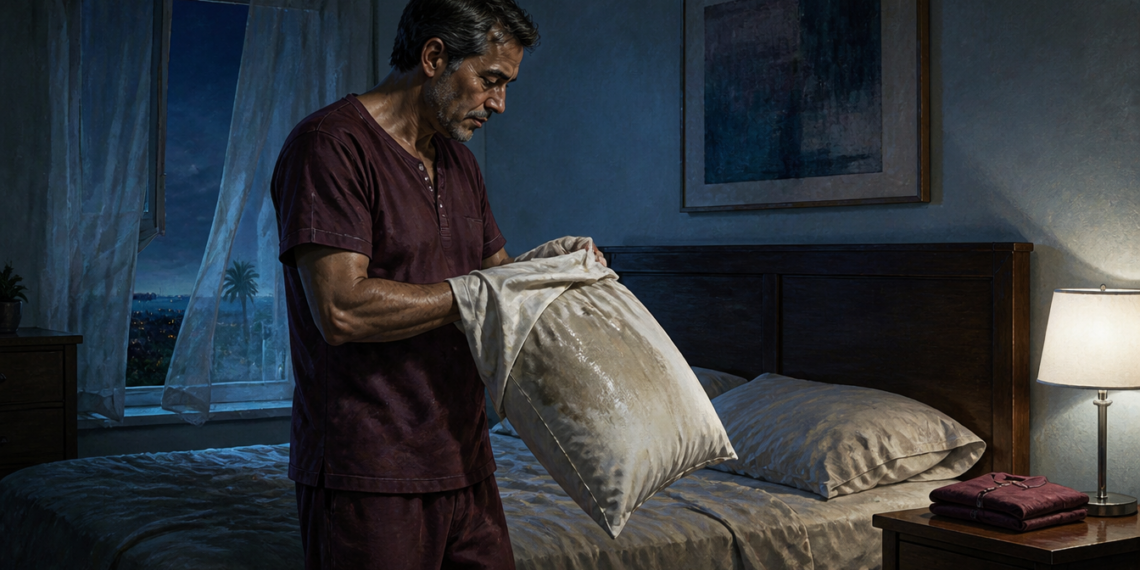 Hombre maduro de pie junto a la cama sostiene una almohada con manchas de humedad durante la noche, en una escena relacionada con los sudores nocturnos intensos.