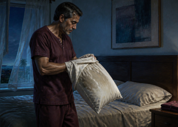 Hombre maduro de pie junto a la cama sostiene una almohada con manchas de humedad durante la noche, en una escena relacionada con los sudores nocturnos intensos.