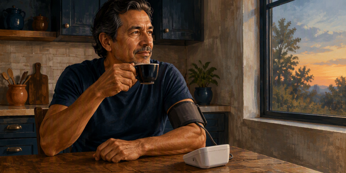 Hombre adulto tomando una taza de café mientras lleva un brazalete de tensiómetro conectado a un medidor de presión arterial sobre la mesa.