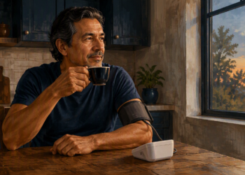 Hombre adulto tomando una taza de café mientras lleva un brazalete de tensiómetro conectado a un medidor de presión arterial sobre la mesa.