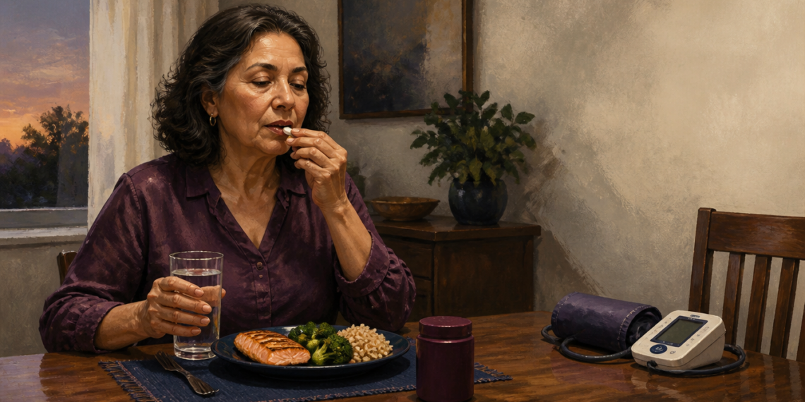 Mujer adulta tomando una tableta con un vaso de agua durante una comida, junto a un tensiómetro y un plato con salmón, brócoli y arroz.