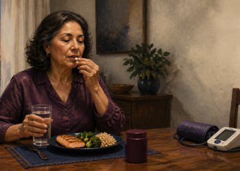 Mujer adulta tomando una tableta con un vaso de agua durante una comida, junto a un tensiómetro y un plato con salmón, brócoli y arroz.