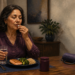 Mujer adulta tomando una tableta con un vaso de agua durante una comida, junto a un tensiómetro y un plato con salmón, brócoli y arroz.
