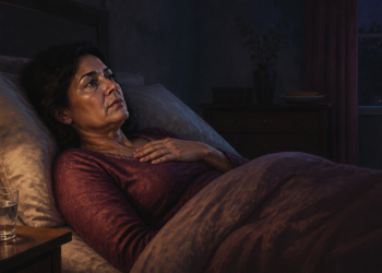 Mujer acostada boca arriba en la cama durante la noche, con una mano apoyada sobre el pecho y expresión de preocupación, junto a una lámpara encendida y un vaso de agua.